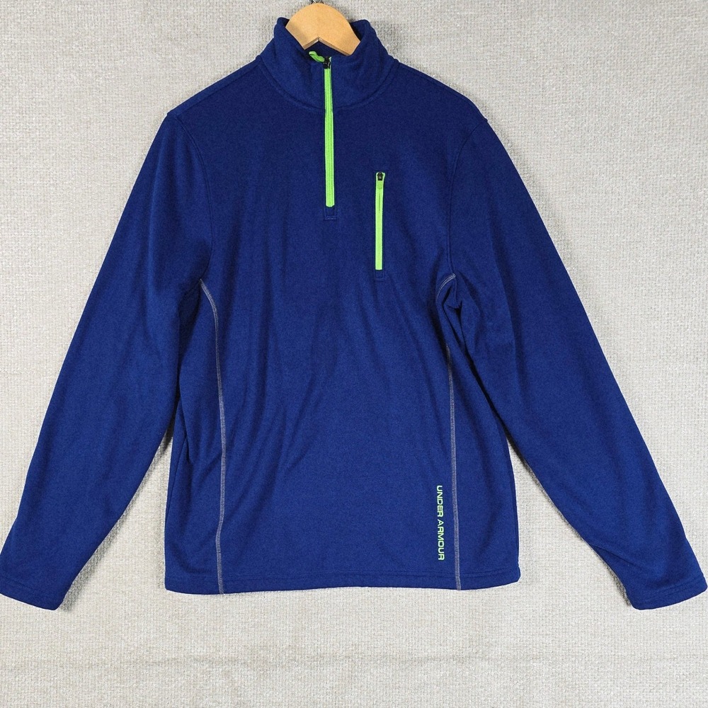 Under Armour‎ Mens Blue Neon Green Quarter Zip Fleece Pullover Medium Loose Fit